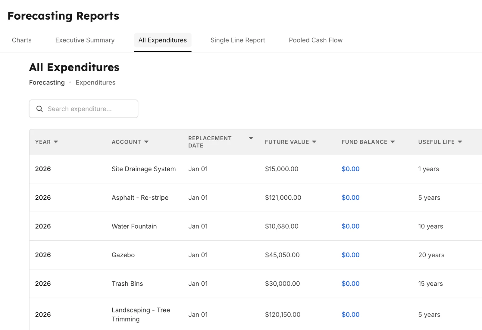 Telemetryx expenditures report listing each reserve component by year with its replacement date, future value, fund balance and useful life